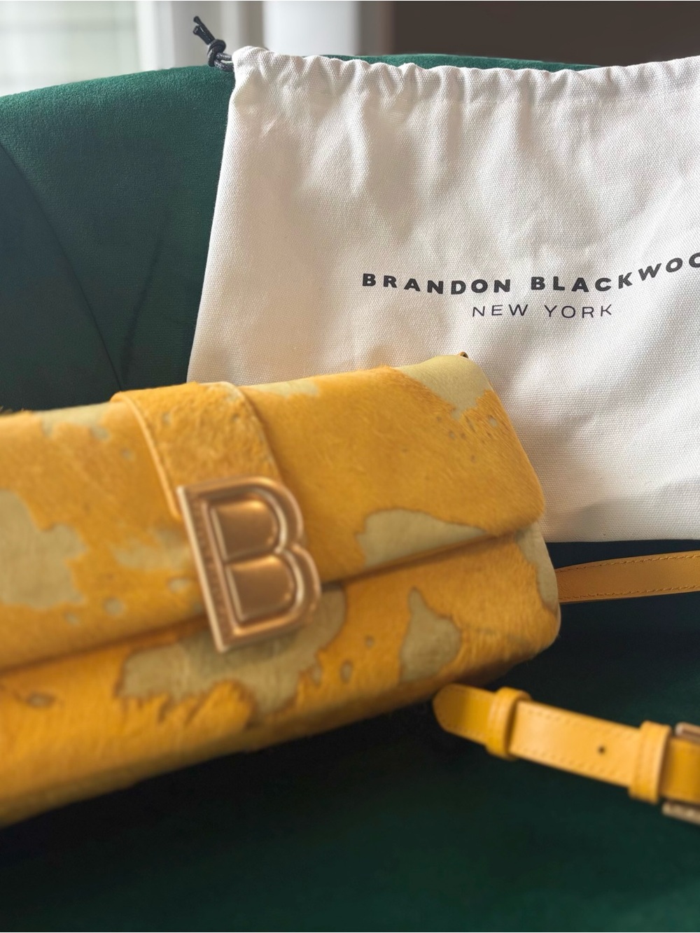 Brandon Blackwood Yellow and Cream Cowhide 'B' Clasp Clutch